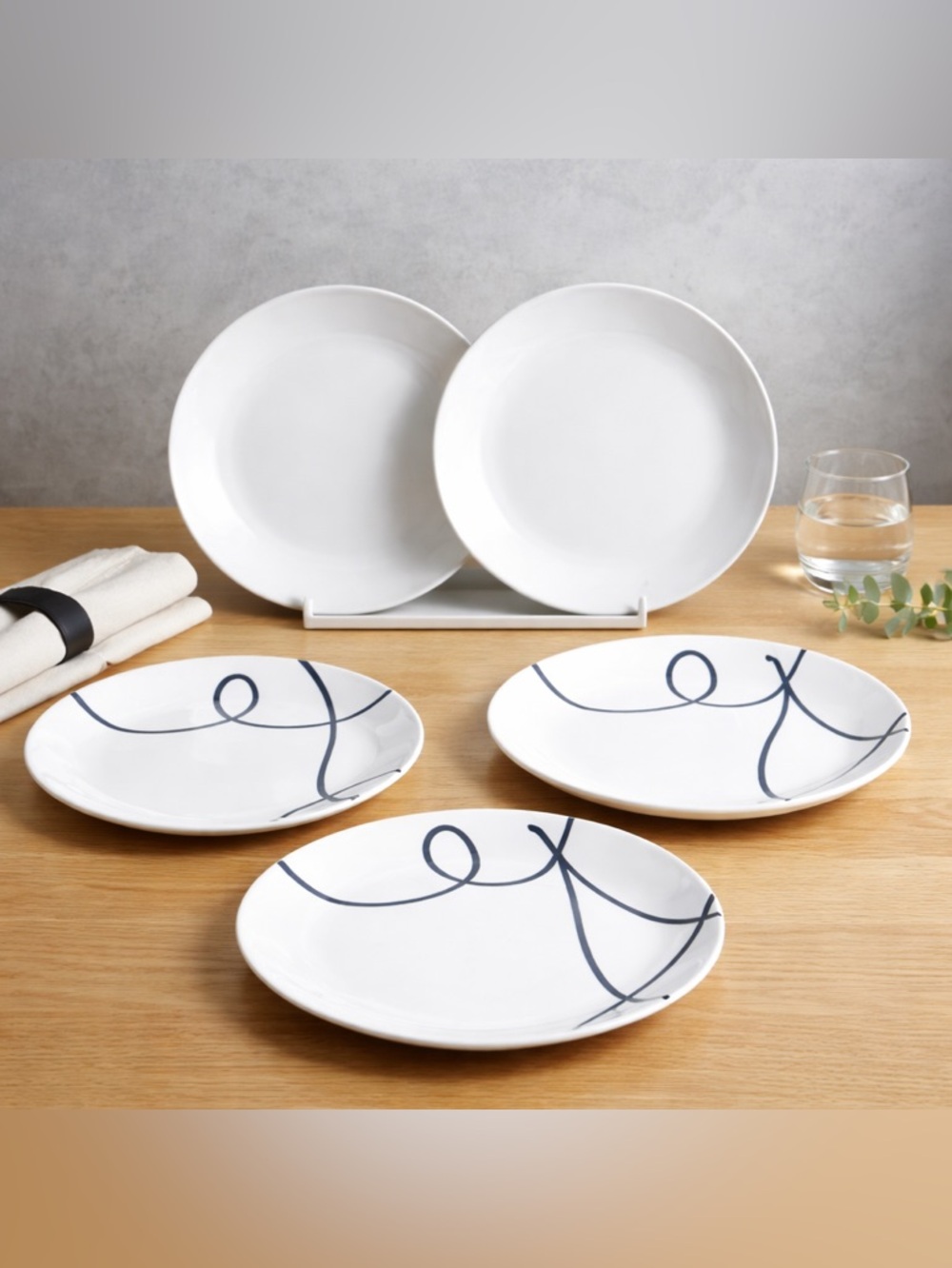 Corelle LIA Salad & Dessert Plates Snow-White Navy-Blue Swirl Lines Set Of 5